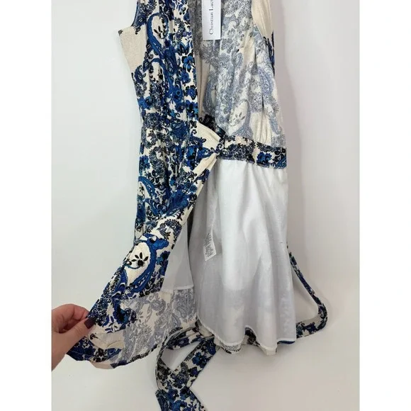 New Christian Lacroix Wrap Dress Women's Small Linen Blend Floral Sleeveless New Christian Lacroix Wrap Dress Women's Small Linen Blend Floral Sleeveless